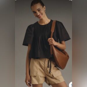 Anthropologie MARE MARE 100% Cotton Short-sleeve Swing Top Pleated Black Size XS